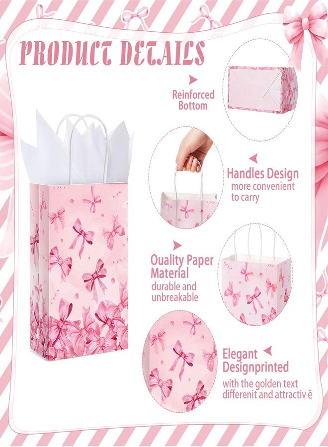 MotiMind 24 Pcs Christmas Pink Bow Paper Gift Bags with Tissue Papers Women Coquette Birthday Party Favor Bag with Handles Goodie Candy Sack for Bachelorette Bridal Shower Wedding(White Pink) - Image 3